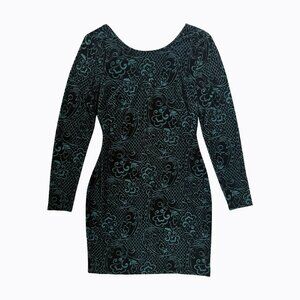 Guess Flocked Black Velvet Dress Teal Floral Pattern Long Sleeve Whimsigoth Sz 6